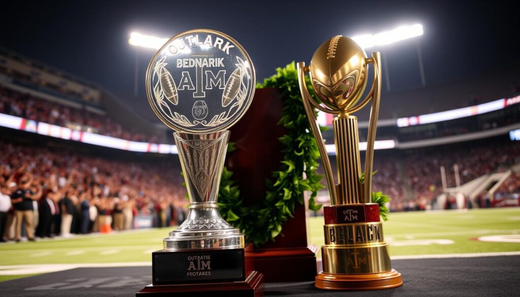 A dynamic display of A&M accolades, highlighting the prestigious Outland and Bednarik awards. In the foreground, an intricately designed trophy representing the Bednarik Award, engraved with football imagery and the Aggie logo, gleams under soft spotlighting. To the right, the Outland Trophy stands elegantly, showcasing its distinctive shape and craftsmanship. In the middle ground, a well-crafted wooden pedestal is adorned with lush green garlands, emphasizing the celebratory atmosphere. The background features a subtle blur of a football field, under bright stadium lights, with cheering fans to create an energetic ambiance. The overall mood is triumphant and respectful, showcasing the legacy and honor associated with these awards. Capture this scene from a slightly low angle, giving a sense of grandeur and significance to the trophies. A dynamic display of A&M accolades, highlighting the prestigious Outland and Bednarik awards. In the foreground, an intricately designed trophy representing the Bednarik Award, engraved with football imagery and the Aggie logo, gleams under soft spotlighting. To the right, the Outland Trophy stands elegantly, showcasing its distinctive shape and craftsmanship. In the middle ground, a well-crafted wooden pedestal is adorned with lush green garlands, emphasizing the celebratory atmosphere. The background features a subtle blur of a football field, under bright stadium lights, with cheering fans to create an energetic ambiance. The overall mood is triumphant and respectful, showcasing the legacy and honor associated with these awards. Capture this scene from a slightly low angle, giving a sense of grandeur and significance to the trophies.