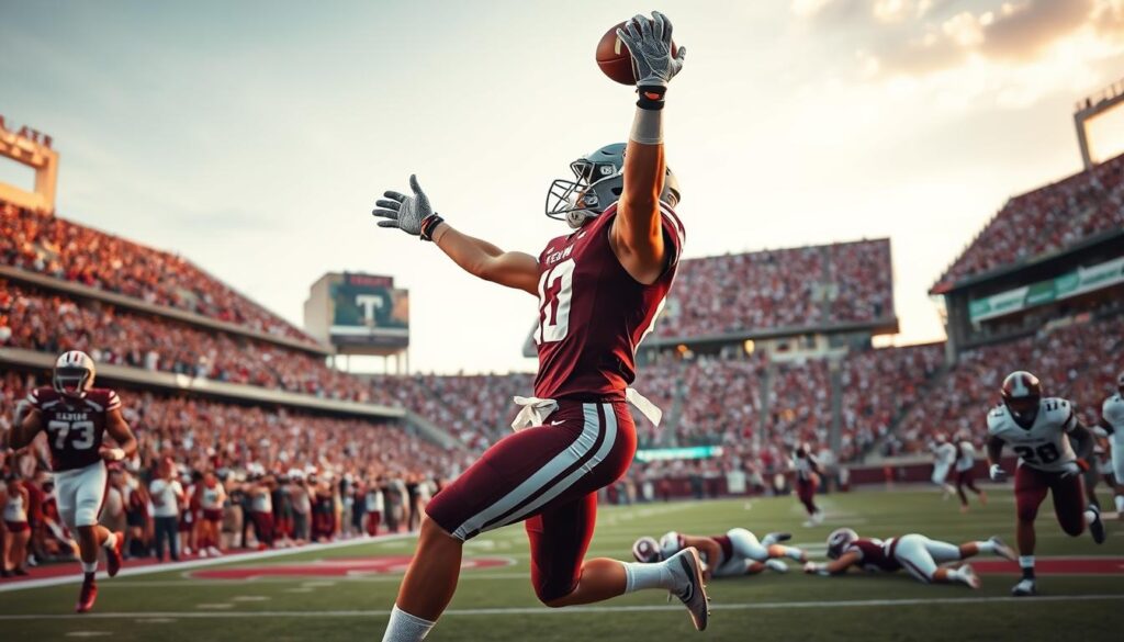A dynamic football field scene during a crucial game moment, capturing the intensity of “Key plays and stats.” In the foreground, a Texas A&M player in a maroon and white uniform makes a triumphant touchdown catch, arms outstretched, showcasing strong determination. His muscular build emphasizes athleticism, and the focus is on his intense expression. In the middle ground, teammates and opponents are depicted in motion, with one player diving to block. The background features a packed stadium, filled with cheering fans in Aggie colors, creating an electric atmosphere. Golden hour lighting casts a warm glow, enhancing the scene's excitement. The angle is slightly elevated, showcasing both the player and the crowd, conveying a sense of celebration and achievement in college football.
