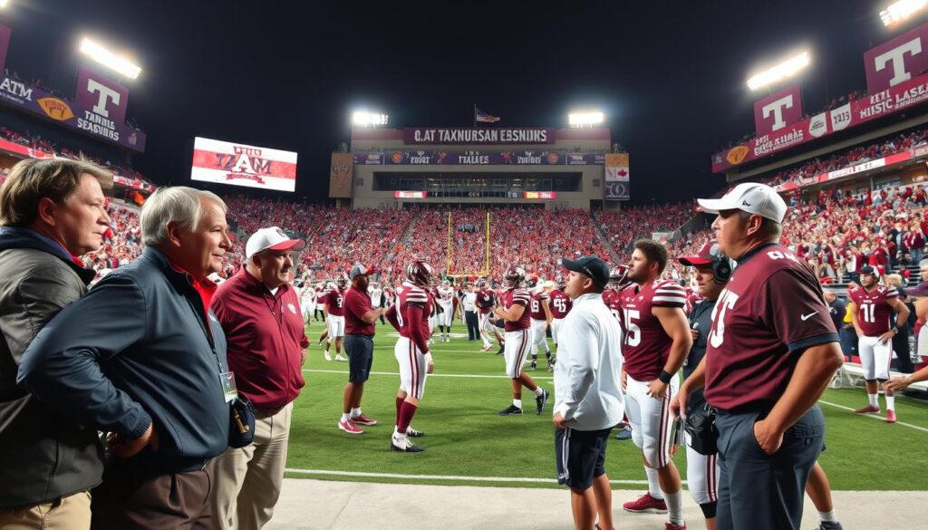 A dynamic scene capturing the essence of Texas A&M football coaches during their historic seasons, set on the sidelines of a vibrant football stadium. In the foreground, a diverse group of coaches in professional attire are animatedly discussing strategy, their facial expressions showing determination and focus. In the middle ground, players in maroon and white jerseys are warming up, showcasing athleticism and teamwork. The background features a packed stadium with cheering fans and banners celebrating championship seasons under bright stadium lights, creating an electric atmosphere. Utilize a wide-angle lens to encompass the energy of the game, highlighting the passionate environment of college football. The overall mood is one of triumphant history and competitive spirit, reflecting the legacy of coaching excellence at Texas A&M.