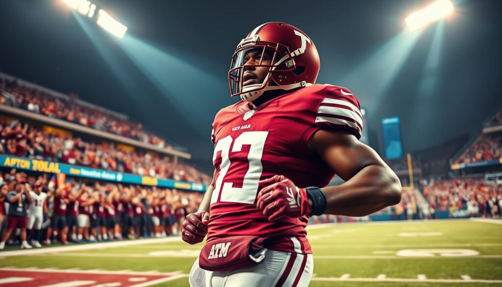 A dynamic scene depicting NFL player Von Miller in maroon and white team colors, showcasing a powerful pose celebrating his Super Bowl victory. The foreground features Von in an action stance, wearing a maroon jersey with white accents and his helmet, exuding confidence and determination. The middle ground captures a vibrant football field, with cheering fans and the stadium lights adding to the excitement, casting a warm glow over the scene. In the background, the city skyline subtly represents his journey from Texas A&M to the NFL, enhancing the narrative. The composition is shot from a low angle, emphasizing Miller's stature and the triumphant mood, with rich, saturated colors to evoke passion and energy in the atmosphere. The overall lighting is bright, creating a sense of victory and celebration. A dynamic scene depicting NFL player Von Miller in maroon and white team colors, showcasing a powerful pose celebrating his Super Bowl victory. The foreground features Von in an action stance, wearing a maroon jersey with white accents and his helmet, exuding confidence and determination. The middle ground captures a vibrant football field, with cheering fans and the stadium lights adding to the excitement, casting a warm glow over the scene. In the background, the city skyline subtly represents his journey from Texas A&M to the NFL, enhancing the narrative. The composition is shot from a low angle, emphasizing Miller's stature and the triumphant mood, with rich, saturated colors to evoke passion and energy in the atmosphere. The overall lighting is bright, creating a sense of victory and celebration.