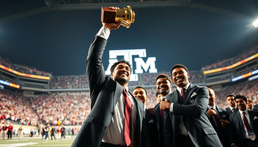 A dynamic scene depicting a group of diverse Texas A&M football players in professional business attire, celebrating a pivotal moment on their journey to national recognition. In the foreground, one player holds a prestigious trophy high above his head, with expressions of pride and determination. The middle ground features teammates joyfully embracing, reflecting camaraderie and unity. The background showcases a bright stadium filled with fans, the Texas A&M logo prominently featured. Soft, dramatic lighting highlights the players, casting long shadows that enhance the sense of achievement. Shot from a low angle to emphasize their stature and the celebratory atmosphere, conveying a mood of triumph and honor. The scene encapsulates the essence of dedication, teamwork, and celebration, without any text or distractions.