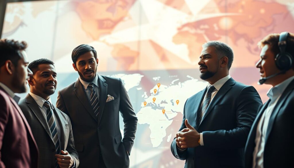 A dynamic scene featuring several lesser-known Texas A&M football players, showcasing their international careers. In the foreground, three players in professional business attire engaged in a discussion, symbolizing their global influence. The middle ground includes a map of the world, with pins marking cities where these players have made an impact, subtly illuminated by soft, warm lighting. The background features an abstract blend of iconic Texas A&M symbols, like the Aggie ring and the school mascot, subtly integrated into a vibrant, energetic atmosphere. The lighting is bright yet soft, creating an inspirational and hopeful mood. The angle is slightly elevated, giving a sense of looking down on a moment of collaboration and success, capturing the essence of global outreach and the legacy of the Aggie football community. A dynamic scene featuring several lesser-known Texas A&M football players, showcasing their international careers. In the foreground, three players in professional business attire engaged in a discussion, symbolizing their global influence. The middle ground includes a map of the world, with pins marking cities where these players have made an impact, subtly illuminated by soft, warm lighting. The background features an abstract blend of iconic Texas A&M symbols, like the Aggie ring and the school mascot, subtly integrated into a vibrant, energetic atmosphere. The lighting is bright yet soft, creating an inspirational and hopeful mood. The angle is slightly elevated, giving a sense of looking down on a moment of collaboration and success, capturing the essence of global outreach and the legacy of the Aggie football community.