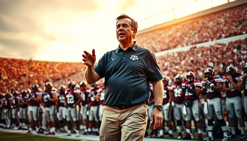 A dynamic scene portraying Jimbo Fisher, the Texas A&M football coach, confidently standing on the sidelines of a football field. In the foreground, he is gesturing passionately, wearing a sharp navy blue Texas A&M polo and khaki pants, embodying leadership and determination. The middle layer features a diverse team of players in matching football gear, focused and attentive, symbolizing teamwork and ambition. The background showcases a vibrant stadium filled with cheering fans, a sea of maroon and white colors, under dramatic stadium lighting that creates an electrifying atmosphere. Capture a sense of intensity and anticipation, reflecting championship expectations. Use a low-angle shot to emphasize Fisher's stature and determination against the expansive field during sunset, with warm golden hues enhancing the mood. A dynamic scene portraying Jimbo Fisher, the Texas A&M football coach, confidently standing on the sidelines of a football field. In the foreground, he is gesturing passionately, wearing a sharp navy blue Texas A&M polo and khaki pants, embodying leadership and determination. The middle layer features a diverse team of players in matching football gear, focused and attentive, symbolizing teamwork and ambition. The background showcases a vibrant stadium filled with cheering fans, a sea of maroon and white colors, under dramatic stadium lighting that creates an electrifying atmosphere. Capture a sense of intensity and anticipation, reflecting championship expectations. Use a low-angle shot to emphasize Fisher's stature and determination against the expansive field during sunset, with warm golden hues enhancing the mood.