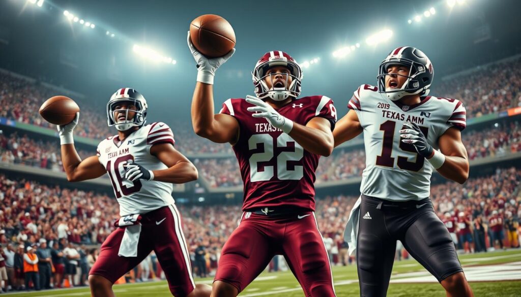 A dynamic scene showcasing current Texas A&M football stars on a vibrant NFL field. In the foreground, three professional athletes, dressed in modern, stylish football uniforms, are in action poses, exuding confidence and athleticism. One player is mid-throw, another is catching a pass, while the third is in an intense block. Their faces are focused, reflecting determination and teamwork. The middle ground features cheering fans in maroon and white, displaying a lively game atmosphere. The background captures a stadium filled with energy, under the bright lights of a night game. The lighting highlights the players' expressions and the textured field. The angle is slightly elevated, providing a sweeping view of the action, evoking excitement and pride. The overall mood is energetic, celebrating the current impact of Texas A&M alumni in the professional football world. A dynamic scene showcasing current Texas A&M football stars on a vibrant NFL field. In the foreground, three professional athletes, dressed in modern, stylish football uniforms, are in action poses, exuding confidence and athleticism. One player is mid-throw, another is catching a pass, while the third is in an intense block. Their faces are focused, reflecting determination and teamwork. The middle ground features cheering fans in maroon and white, displaying a lively game atmosphere. The background captures a stadium filled with energy, under the bright lights of a night game. The lighting highlights the players' expressions and the textured field. The angle is slightly elevated, providing a sweeping view of the action, evoking excitement and pride. The overall mood is energetic, celebrating the current impact of Texas A&M alumni in the professional football world.