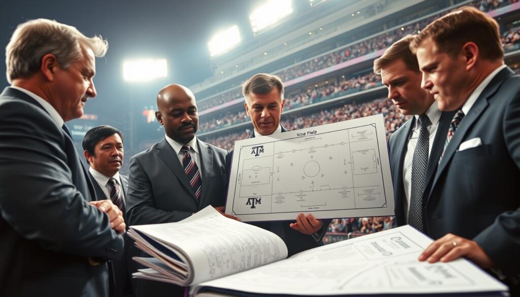 A dynamic scene showcasing the insights and strategy of the Texas A&M football coaching staff. In the foreground, a diverse group of coaches, dressed in professional business attire, intensely discussing game strategies over a large playbook. Their expressions convey focus and determination. In the middle ground, a tactical whiteboard with diagrams of plays and formations, highlighting innovative coaching techniques. In the background, the iconic Kyle Field stadium filled with passionate fans, creating an atmosphere of excitement and rivalry. Bright stadium lights illuminate the scene, casting dramatic shadows. The lens captures a slight depth of field, drawing attention to the coaches while subtly blurring the stadium backdrop, enhancing a sense of urgency and concentration. The overall mood is energetic and professional, reflecting the essence of successful coaching in a competitive environment.