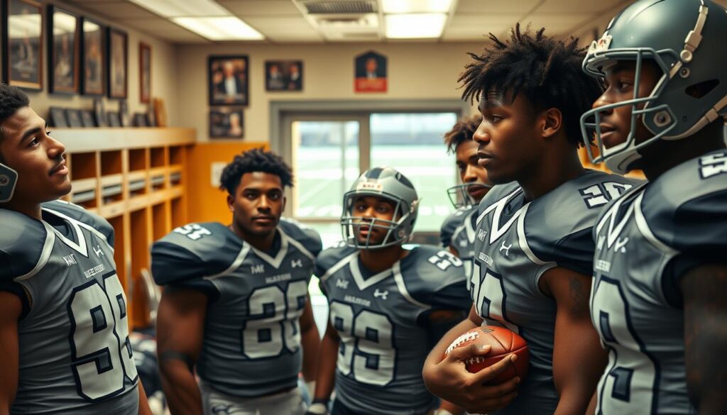 A group of college football players in professional athletic gear, reflecting on their personal journeys as walk-ons, standing together in a well-lit locker room filled with memorabilia. The foreground features diverse players, showing a mix of emotions—from determination to pride—while sharing stories of perseverance. In the middle ground, framed photographs and awards adorn the walls, illustrating their achievements and challenges. The background is a blurred view of a practice field through the locker room door, suggesting hope and future opportunities. The lighting is warm and inviting, creating an atmosphere of camaraderie and support. Capture this scene from a slightly lower angle to emphasize the players’ expressions and the significance of their experiences.