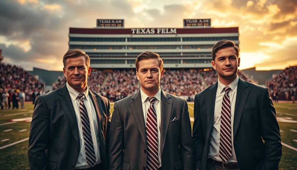 A poignant scene depicting a group of Texas A&M football players in professional business attire, standing on a football field under dramatic sunset lighting. In the foreground, three hopeful candidates embodying determination and passion, their faces reflecting a mix of ambition and slight disappointment, symbolizing their near-misses for the Heisman trophy. In the middle ground, the Texas A&M logo is subtly visible on the field, while a stadium full of cheering fans creates an energetic atmosphere. The background features the iconic Kyle Field, bathed in warm golden hues, giving a nostalgic feel to the image. The composition should evoke a sense of longing and perseverance, highlighting the legacy of those who came so close to achieving greatness. A poignant scene depicting a group of Texas A&M football players in professional business attire, standing on a football field under dramatic sunset lighting. In the foreground, three hopeful candidates embodying determination and passion, their faces reflecting a mix of ambition and slight disappointment, symbolizing their near-misses for the Heisman trophy. In the middle ground, the Texas A&M logo is subtly visible on the field, while a stadium full of cheering fans creates an energetic atmosphere. The background features the iconic Kyle Field, bathed in warm golden hues, giving a nostalgic feel to the image. The composition should evoke a sense of longing and perseverance, highlighting the legacy of those who came so close to achieving greatness.