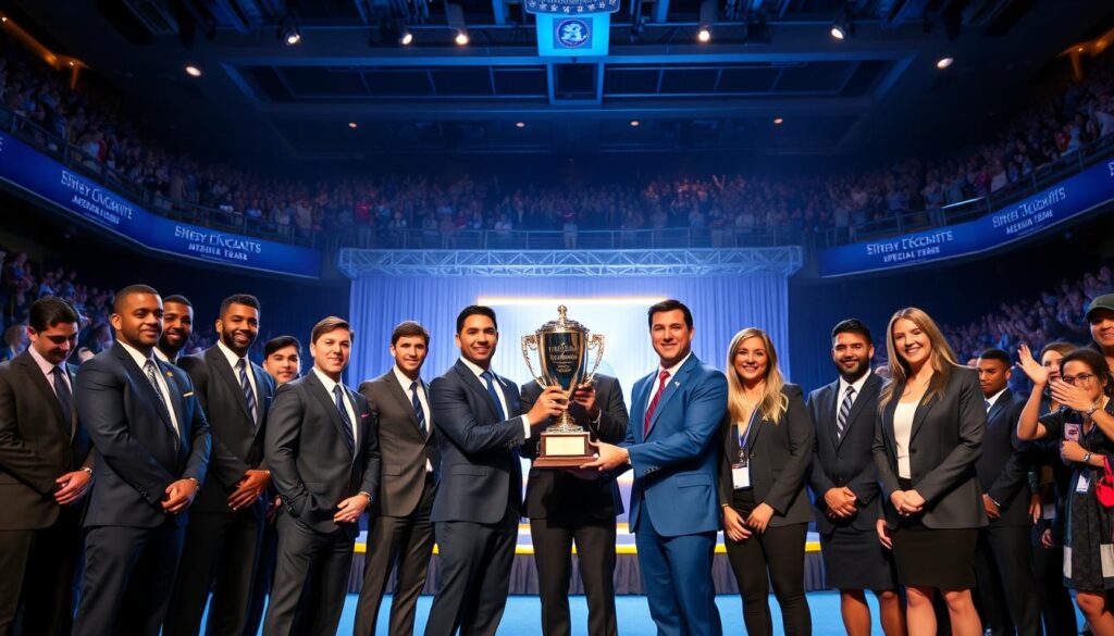 A vibrant and dynamic scene illustrating a prestigious award ceremony for Aggie walk-ons distinguished for their contributions to special teams. In the foreground, a proud, diverse group of male and female athletes in professional business attire stands together, holding a shiny trophy that symbolizes their achievement. The middle layer showcases a glowing stage with elegant decorations, accentuated by blue and white lighting that reflects the university colors. In the background, a cheering crowd filled with passionate supporters can be seen, their excitement radiating through the atmosphere. The focus is on the athletes, captured with a lens that highlights their expressions of pride and camaraderie. The overall mood is one of celebration and honor, encapsulating the spirit of teamwork and dedication.