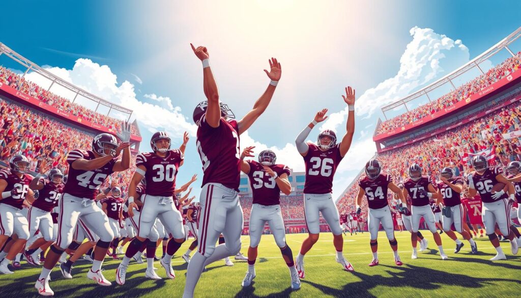 A vibrant, dynamic illustration depicting a Texas A&M football scene that embodies the spirit of team glory. In the foreground, a diverse group of athletes in pristine maroon and white uniforms, showcasing their determination and camaraderie, are celebrating a key touchdown moment. The middle ground features an enthusiastic crowd in a packed stadium, waving banners and wearing team colors, encapsulating the atmosphere of excitement and pride. The background reveals the iconic Texas A&M stadium under a bright blue sky, with soft, golden sunlight highlighting the scene. The mood is electrifying and inspiring, capturing the essence of victory and teamwork. Use a dramatic angle to focus on the players while incorporating depth through the layered crowd and stadium elements. The image should be rich in color and energy, embodying the essence of unforgettable moments in football history.