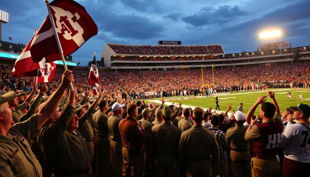 A vibrant, lively scene capturing the traditions at Kyle Field. In the foreground, a diverse group of Corps of Cadets members, dressed in their military uniforms, are proudly waving flags and cheering enthusiastically. In the middle ground, a spirited crowd of Texas A&M football fans in maroon and white attire are celebrating a touchdown, creating a festive atmosphere filled with energy. The background features the iconic Kyle Field stadium, filled to capacity, with bright stadium lights illuminating the scene at dusk. The angle is slightly elevated, showcasing both the field action below and the cheering crowd. The mood is electrifying, embodying school pride and community spirit. The lighting is warm and dynamic, enhancing the excitement of a classic football game day. A vibrant, lively scene capturing the traditions at Kyle Field. In the foreground, a diverse group of Corps of Cadets members, dressed in their military uniforms, are proudly waving flags and cheering enthusiastically. In the middle ground, a spirited crowd of Texas A&M football fans in maroon and white attire are celebrating a touchdown, creating a festive atmosphere filled with energy. The background features the iconic Kyle Field stadium, filled to capacity, with bright stadium lights illuminating the scene at dusk. The angle is slightly elevated, showcasing both the field action below and the cheering crowd. The mood is electrifying, embodying school pride and community spirit. The lighting is warm and dynamic, enhancing the excitement of a classic football game day.