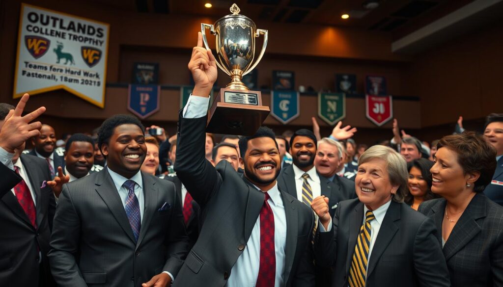 A vibrant scene capturing a post-award ceremony atmosphere for the Outland Trophy, showing a diverse group of players and coaches in professional business attire, celebrating amidst a backdrop of a well-decorated auditorium. In the foreground, a jubilant player holds up the prestigious trophy, beaming with pride. Beside him, a coach offers an encouraging nod, embodying a moment of achievement and teamwork. In the middle ground, other players and staff are animatedly engaging, showing a mix of joy and reflection on hard work and commitment. The background features banners of past winners and team colors, with soft spotlighting that highlights the trophy and the expressions of elation. The overall mood is triumphant and festive, conveying a sense of honor in college football excellence. A vibrant scene capturing a post-award ceremony atmosphere for the Outland Trophy, showing a diverse group of players and coaches in professional business attire, celebrating amidst a backdrop of a well-decorated auditorium. In the foreground, a jubilant player holds up the prestigious trophy, beaming with pride. Beside him, a coach offers an encouraging nod, embodying a moment of achievement and teamwork. In the middle ground, other players and staff are animatedly engaging, showing a mix of joy and reflection on hard work and commitment. The background features banners of past winners and team colors, with soft spotlighting that highlights the trophy and the expressions of elation. The overall mood is triumphant and festive, conveying a sense of honor in college football excellence.