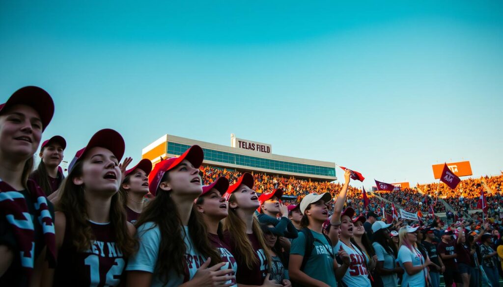 A vibrant scene capturing the essence of college spirit at Texas A&M University during a live performance of the Aggie War Hymn. In the foreground, a group of passionate college students in maroon and white attire, including caps and spirited accessories, energetically singing and cheering, their expressions filled with enthusiasm. The middle ground features iconic elements such as the 12th Man statue and a packed stadium with fans waving flags and banners, embodying a unified community. The background reveals a clear blue sky above the iconic Kyle Field, illuminated by the warm golden light of the setting sun, enhancing the atmosphere of camaraderie and pride. The overall mood conveys excitement and celebration, highlighting the legacy of school spirit and traditions. A vibrant scene capturing the essence of college spirit at Texas A&M University during a live performance of the Aggie War Hymn. In the foreground, a group of passionate college students in maroon and white attire, including caps and spirited accessories, energetically singing and cheering, their expressions filled with enthusiasm. The middle ground features iconic elements such as the 12th Man statue and a packed stadium with fans waving flags and banners, embodying a unified community. The background reveals a clear blue sky above the iconic Kyle Field, illuminated by the warm golden light of the setting sun, enhancing the atmosphere of camaraderie and pride. The overall mood conveys excitement and celebration, highlighting the legacy of school spirit and traditions.