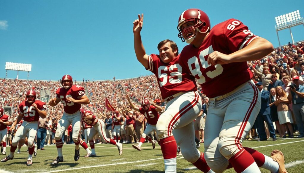 A vivid depiction of the 1967 Aggies championship bowl game, capturing the triumph of Gene Stallings' first championship as head coach. In the foreground, players in vintage maroon and white uniforms are celebrating a touchdown, their expressions filled with joy and determination. In the middle ground, a crowd of enthusiastic fans in period-appropriate attire, waving banners and cheering, conveys the energy of the moment. The background features a historic football stadium under a clear blue sky, with bright stadium lights illuminating the field. Use a warm, nostalgic color palette to evoke the era and emphasize the historic significance of the game. The composition should be dynamic, with a slight low-angle perspective to enhance the action and excitement of this pivotal moment in football history. A vivid depiction of the 1967 Aggies championship bowl game, capturing the triumph of Gene Stallings' first championship as head coach. In the foreground, players in vintage maroon and white uniforms are celebrating a touchdown, their expressions filled with joy and determination. In the middle ground, a crowd of enthusiastic fans in period-appropriate attire, waving banners and cheering, conveys the energy of the moment. The background features a historic football stadium under a clear blue sky, with bright stadium lights illuminating the field. Use a warm, nostalgic color palette to evoke the era and emphasize the historic significance of the game. The composition should be dynamic, with a slight low-angle perspective to enhance the action and excitement of this pivotal moment in football history.