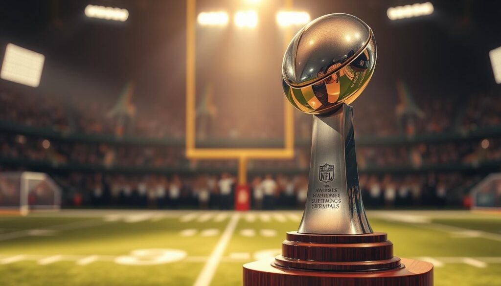 An NFL awards trophy prominently displayed in the foreground, showcasing its gleaming metallic surface and intricate engravings. The trophy should be positioned on a polished wooden pedestal, casting delicate reflections of light. In the middle ground, hints of a football field can be seen, with blurred shadows of cheering fans and goal posts, suggesting a vibrant game atmosphere. The background features soft bokeh lighting, creating a celebratory mood with warm, golden hues symbolizing victory and achievement. The scene is illuminated by gentle spotlighting to emphasize the trophy’s details, captured from a low angle to add grandeur. The overall atmosphere is one of triumph and honor, encapsulating the spirit of NFL excellence. The image should be free of text or any markings. An NFL awards trophy prominently displayed in the foreground, showcasing its gleaming metallic surface and intricate engravings. The trophy should be positioned on a polished wooden pedestal, casting delicate reflections of light. In the middle ground, hints of a football field can be seen, with blurred shadows of cheering fans and goal posts, suggesting a vibrant game atmosphere. The background features soft bokeh lighting, creating a celebratory mood with warm, golden hues symbolizing victory and achievement. The scene is illuminated by gentle spotlighting to emphasize the trophy’s details, captured from a low angle to add grandeur. The overall atmosphere is one of triumph and honor, encapsulating the spirit of NFL excellence. The image should be free of text or any markings.
