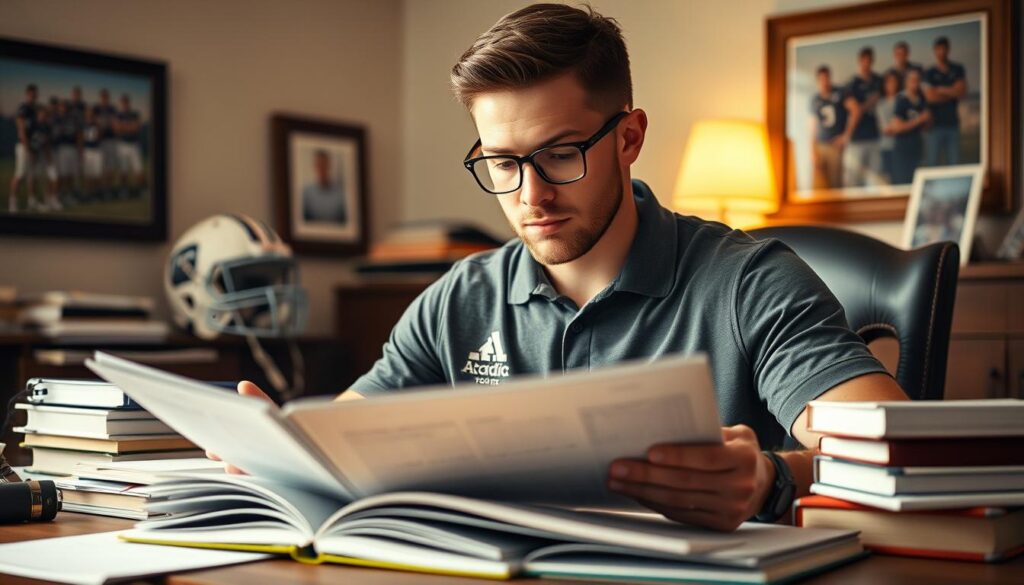 An academic All-American Aggie football player intently studying a playbook. He is seated at a wooden desk cluttered with textbooks and notebooks, wearing a fitted Aggie polo shirt and glasses, highlighting his dedication to both sport and academics. His expression is focused and contemplative, showcasing the balance he maintains between his athletic commitments and his studies. Soft, warm lighting illuminates the scene, creating a cozy atmosphere. In the background, a football helmet and a framed photo of his team can be seen, emphasizing his football career. The perspective is slightly elevated to capture both the player and his study environment, evoking a sense of determination and hard work. An academic All-American Aggie football player intently studying a playbook. He is seated at a wooden desk cluttered with textbooks and notebooks, wearing a fitted Aggie polo shirt and glasses, highlighting his dedication to both sport and academics. His expression is focused and contemplative, showcasing the balance he maintains between his athletic commitments and his studies. Soft, warm lighting illuminates the scene, creating a cozy atmosphere. In the background, a football helmet and a framed photo of his team can be seen, emphasizing his football career. The perspective is slightly elevated to capture both the player and his study environment, evoking a sense of determination and hard work.