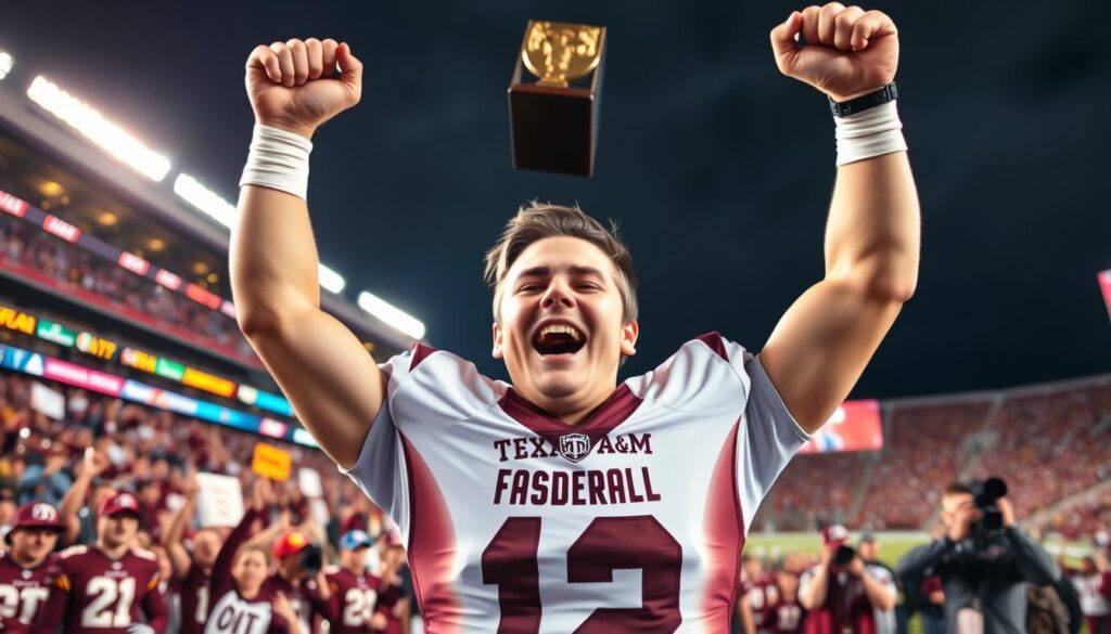 Johnny Manziel, wearing a Texas A&M football uniform, celebrating his Heisman Trophy win with an exuberant pose, arms raised triumphantly above his head. In the foreground, capture a close-up of his joyful expression, emphasizing his excitement and determination. In the middle ground, include a blurred crowd of fans in maroon and white, some holding signs and cheering, adding to the electrifying atmosphere. The background features the iconic Texas A&M stadium under bright stadium lights, showcasing vibrant colors and a night sky. The lighting should highlight Manziel's face and uniform, creating a dramatic yet celebratory mood. Use a shallow depth of field to bring focus to Manziel while softening the crowd and stadium. Johnny Manziel, wearing a Texas A&M football uniform, celebrating his Heisman Trophy win with an exuberant pose, arms raised triumphantly above his head. In the foreground, capture a close-up of his joyful expression, emphasizing his excitement and determination. In the middle ground, include a blurred crowd of fans in maroon and white, some holding signs and cheering, adding to the electrifying atmosphere. The background features the iconic Texas A&M stadium under bright stadium lights, showcasing vibrant colors and a night sky. The lighting should highlight Manziel's face and uniform, creating a dramatic yet celebratory mood. Use a shallow depth of field to bring focus to Manziel while softening the crowd and stadium.