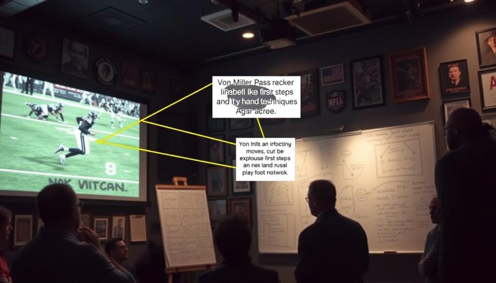 A dimly lit film room filled with football memorabilia, focusing on a large screen displaying game footage of a pass-rushing linebacker. In the foreground, a high-tech projector beams strategic pointers highlighting Von Miller's signature moves—like explosive first steps and hand techniques—alongside zoomed-in animations of his footwork. A whiteboard cluttered with tactical notes and visual play diagrams is positioned to the side. In the background, silhouettes of coaches, dressed in professional attire, intently discuss the plays, illuminated by soft overhead lighting. The atmosphere is intense yet focused, capturing the essence of a deep analysis session, emphasizing the importance of mastering pass rush techniques. The perspective is slightly angled to create depth and drama. A dimly lit film room filled with football memorabilia, focusing on a large screen displaying game footage of a pass-rushing linebacker. In the foreground, a high-tech projector beams strategic pointers highlighting Von Miller's signature moves—like explosive first steps and hand techniques—alongside zoomed-in animations of his footwork. A whiteboard cluttered with tactical notes and visual play diagrams is positioned to the side. In the background, silhouettes of coaches, dressed in professional attire, intently discuss the plays, illuminated by soft overhead lighting. The atmosphere is intense yet focused, capturing the essence of a deep analysis session, emphasizing the importance of mastering pass rush techniques. The perspective is slightly angled to create depth and drama.
