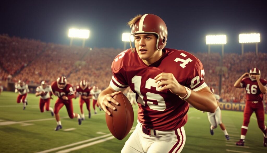 A dynamic scene capturing the essence of John David Crow during his 1957 Heisman season at Texas A&M. In the foreground, Crow is in a classic football pose, wearing the Texas A&M maroon and white uniform, evoking intensity and determination. His expression reflects focus as he clutches a football, ready to make a signature play. In the middle ground, teammates and opponents are depicted in the heat of competition, showing motion and athleticism, with blurred action to convey movement. The background features a packed stadium under bright floodlights, adding a lively atmosphere, with fans in the stands showcasing school spirit. The image captures the excitement and history of college football, bathed in a warm glow to reflect the passion of the game. A dynamic scene capturing the essence of John David Crow during his 1957 Heisman season at Texas A&M. In the foreground, Crow is in a classic football pose, wearing the Texas A&M maroon and white uniform, evoking intensity and determination. His expression reflects focus as he clutches a football, ready to make a signature play. In the middle ground, teammates and opponents are depicted in the heat of competition, showing motion and athleticism, with blurred action to convey movement. The background features a packed stadium under bright floodlights, adding a lively atmosphere, with fans in the stands showcasing school spirit. The image captures the excitement and history of college football, bathed in a warm glow to reflect the passion of the game.
