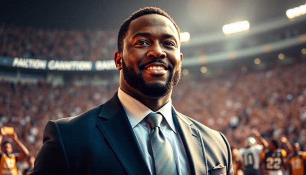 A dynamic scene featuring Von Miller in a confident pose, wearing a tailored business suit with a tie, reflecting his leadership both on and off the field. In the foreground, highlight his strong, determined expression, showcasing his charisma and commitment. In the middle, showcase images of community work, such as him engaging with youth in a football clinic, symbolizing his philanthropic efforts. The background should feature a stadium filled with cheering fans, representing his legacy as a champion and Super Bowl MVP. Use soft, warm lighting to create an uplifting atmosphere, and choose a slightly low-angle perspective to emphasize his iconic stature and leadership in the sport. The overall mood should be inspirational, portraying his multifaceted impact on the community and the brand he has built. A dynamic scene featuring Von Miller in a confident pose, wearing a tailored business suit with a tie, reflecting his leadership both on and off the field. In the foreground, highlight his strong, determined expression, showcasing his charisma and commitment. In the middle, showcase images of community work, such as him engaging with youth in a football clinic, symbolizing his philanthropic efforts. The background should feature a stadium filled with cheering fans, representing his legacy as a champion and Super Bowl MVP. Use soft, warm lighting to create an uplifting atmosphere, and choose a slightly low-angle perspective to emphasize his iconic stature and leadership in the sport. The overall mood should be inspirational, portraying his multifaceted impact on the community and the brand he has built.
