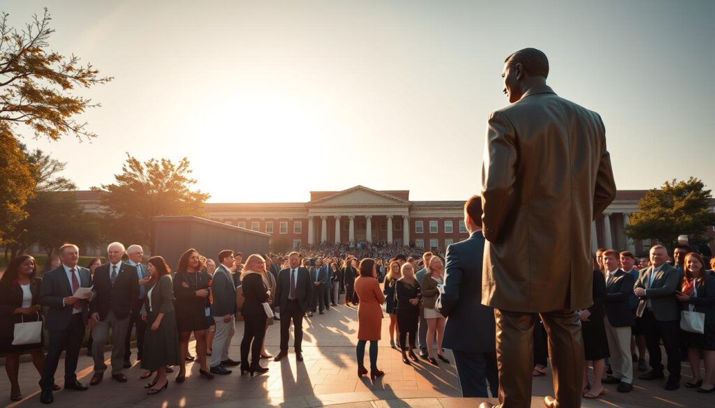 A serene and majestic depiction of Texas A&M University, showcasing a proud Aggie tradition. In the foreground, a bronze statue of John David Crow stands tall, symbolizing excellence and honor, dressed in classic Texas A&M attire. Surrounding him, diverse students in professional attire, representing the various scholarships and honors, enthusiastically engage in discussions. The middle ground features a crowd of alumni and faculty celebrating an awards ceremony under a bright, warm Texas sun, with the Historic Academic Building in the background. The scene is bathed in golden hour lighting, creating a nostalgic and uplifting atmosphere, with soft-focus details that highlight the rich traditions of Aggieland. The angle presents a dynamic view, emphasizing the legacy and spirit of camaraderie at Texas A&M. A serene and majestic depiction of Texas A&M University, showcasing a proud Aggie tradition. In the foreground, a bronze statue of John David Crow stands tall, symbolizing excellence and honor, dressed in classic Texas A&M attire. Surrounding him, diverse students in professional attire, representing the various scholarships and honors, enthusiastically engage in discussions. The middle ground features a crowd of alumni and faculty celebrating an awards ceremony under a bright, warm Texas sun, with the Historic Academic Building in the background. The scene is bathed in golden hour lighting, creating a nostalgic and uplifting atmosphere, with soft-focus details that highlight the rich traditions of Aggieland. The angle presents a dynamic view, emphasizing the legacy and spirit of camaraderie at Texas A&M.