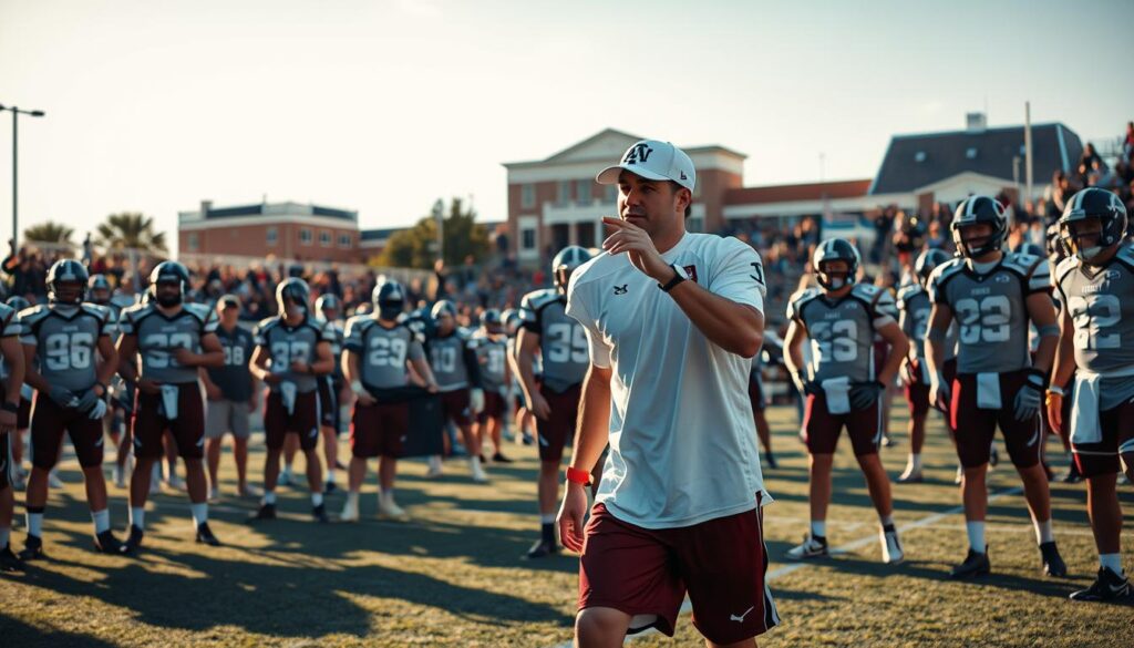 A dynamic football practice scene at Texas A&M, capturing a young Johnny Manziel in action, wearing a modest practice jersey and shorts, showing determination on the field. In the foreground, King Cliff Kingsbury, dressed in a coaching outfit, is giving instructive gestures, surrounded by attentive teammates. The middle ground features players executing plays, showcasing teamwork and athleticism under the bright Texas sun. The background reveals iconic Texas A&M campus elements, with fans and onlookers eagerly watching from the sidelines. Soft golden lighting creates an energetic and motivational atmosphere, emphasizing the camaraderie and excitement of college football practice, captured with a slightly low-angle lens for dramatic effect. The mood is filled with anticipation and teamwork, representing a pivotal moment in their football journey.