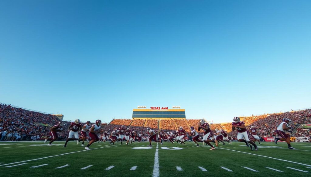 An aerial view of a football field during an intense game scene, illustrating the concept of "Air Raid" tempo and spacing. In the foreground, football players are in motion, dressed in a vibrant maroon and white uniforms, showcasing dynamic scramble drills. The middle ground features an electrified crowd in the stands, capturing the energy of Texas A&M's atmosphere. The background displays a clear blue sky, with a stadium illuminated by golden late afternoon sunlight. Use a wide-angle lens for a dramatic perspective, highlighting the open field and strategic formations. The image conveys excitement and urgency, embodying the tactical essence of offense in football with a lively, energetic mood.